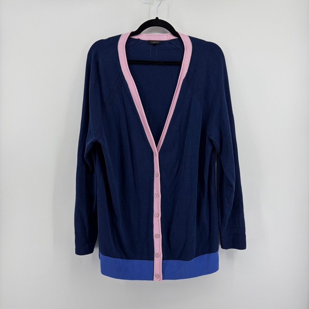 Talbots Womens XL Navy Blue Pink Colorblock V-Neck Button Front Cardigan Sweater